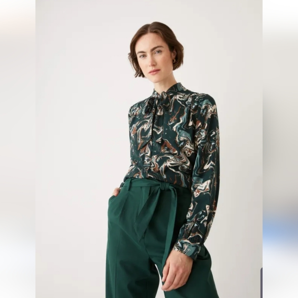Frank & Oak Green Marble-Print Tie-Neck Blouse